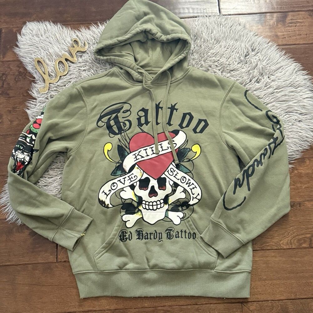 Ed Hardy Heart Skull Hoodie Tattoo Love Kills Slowly Panther Olive Green Men M